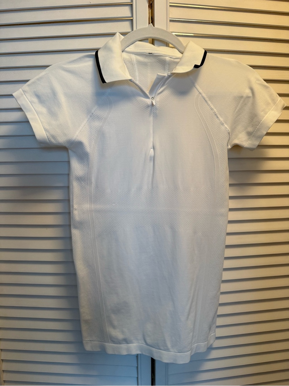 White Short Sleeve Polo Top with Black Collar Piping